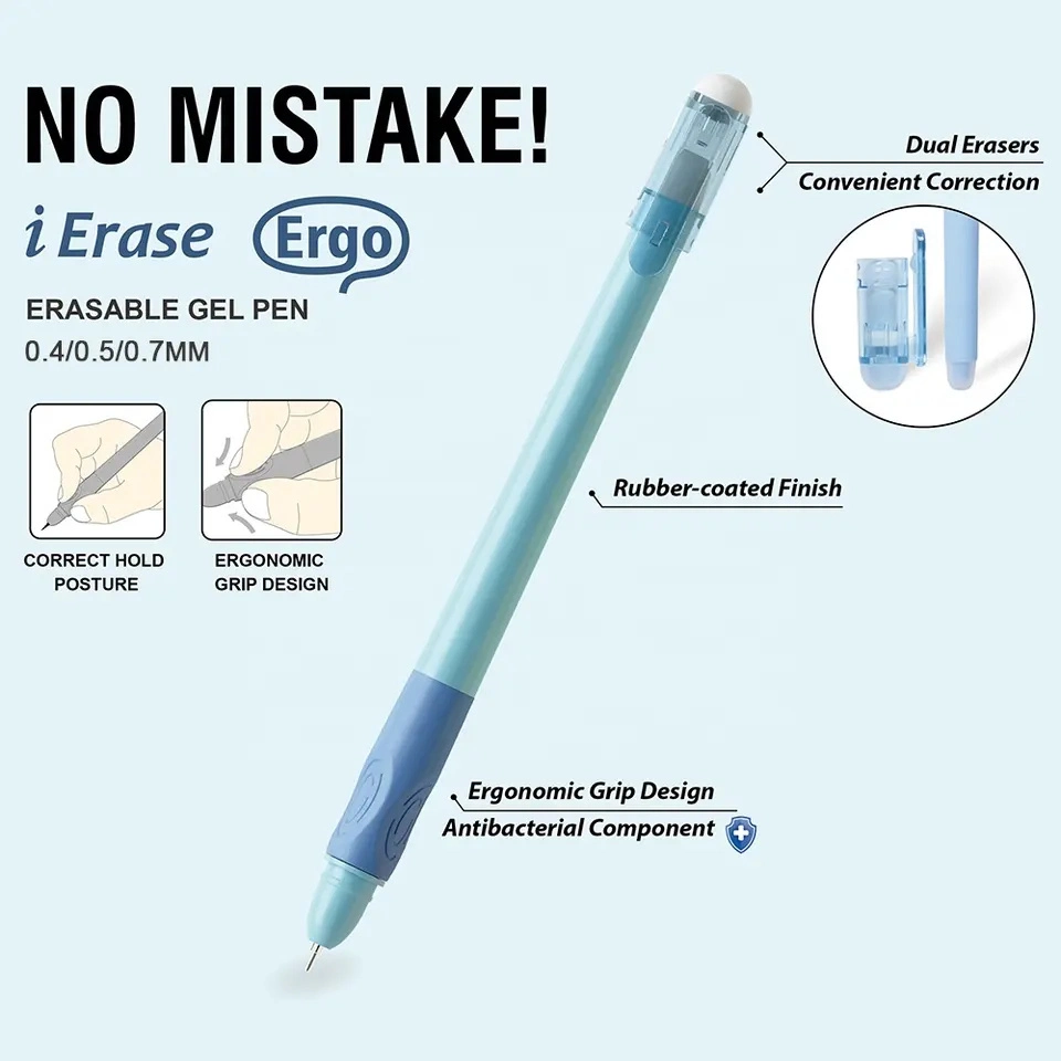 Unique Ergonomic Anti-Bacterial Erasable Pens 2 Erasers Blue Ink 0.5mm Heat Sensitive Ball Friction Erasable Gel Pen